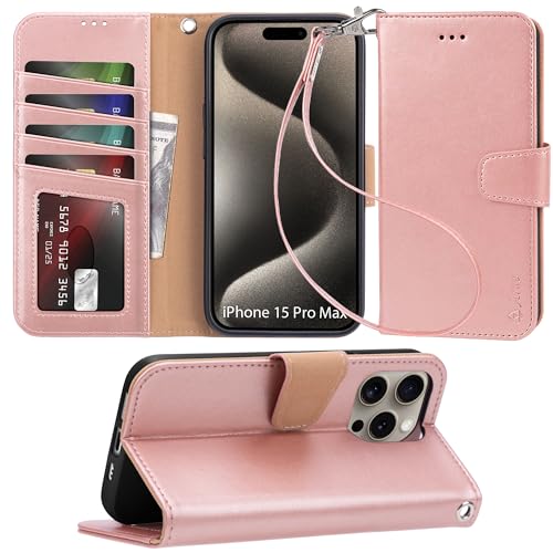 Arae Compatible with iPhone 15 Pro Max Case with Card Holder and Wrist Strap Wallet Flip Cover for iPhone 15 Pro Max 6.7 inch,Rose Gold - Image 1