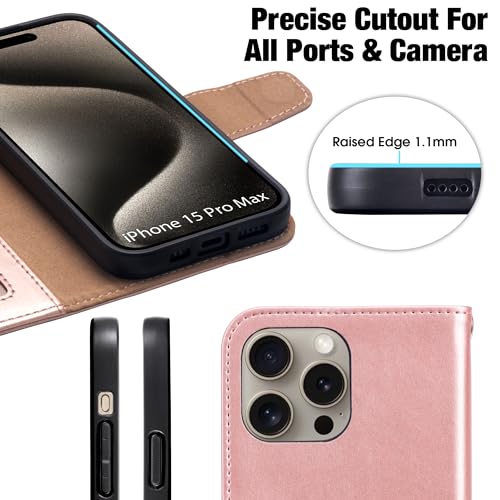 Arae Compatible with iPhone 15 Pro Max Case with Card Holder and Wrist Strap Wallet Flip Cover for iPhone 15 Pro Max 6.7 inch,Rose Gold - Image 4