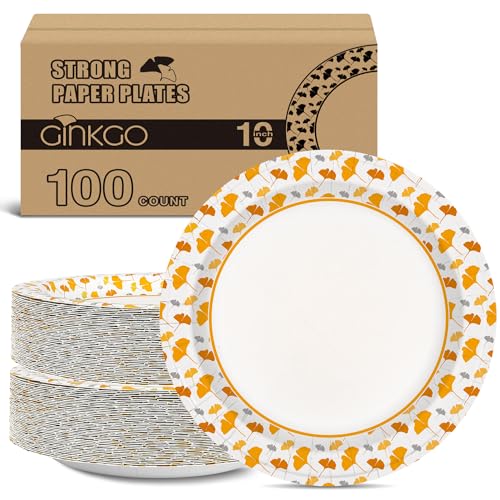 Ginkgo Paper Plates 10 Inch Bulk 100 Count Heavy Duty Disposable Thanksgiving Plates and Fall Friends Party Paper Plates and Daily Use