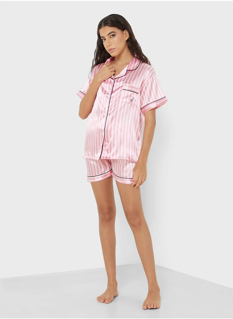 جينجر Stripe Satin Shirt & Short Set