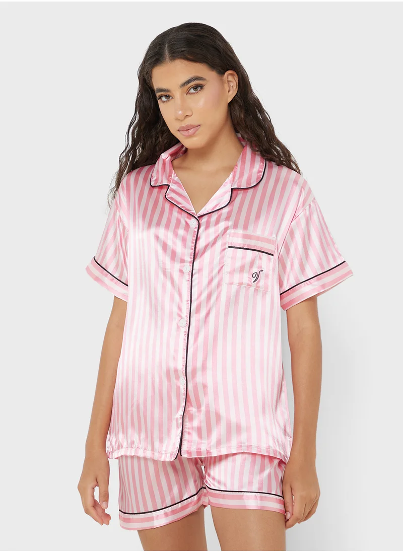 جينجر Stripe Satin Shirt & Short Set