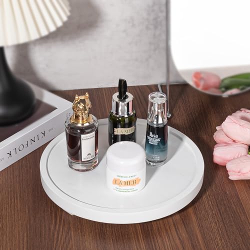 zoocatia Round Decorative Tray Wood Bathroom Counter Organizer Farmhouse Kitchen Decor Wooden Riser for Soap Dish, Perfume, Candle, Sponge, 10" - White - Image 2