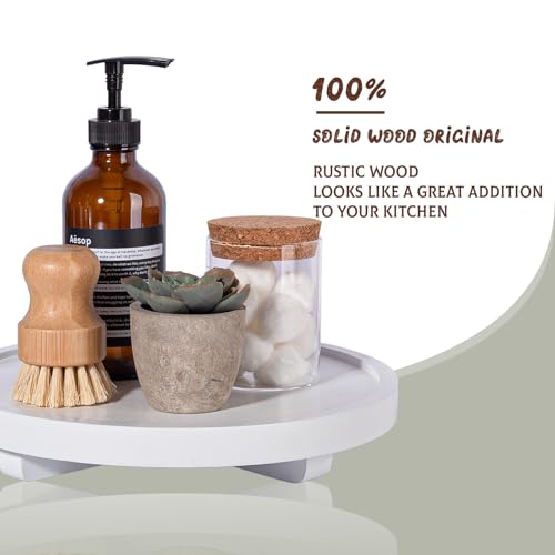 zoocatia Round Decorative Tray Wood Bathroom Counter Organizer Farmhouse Kitchen Decor Wooden Riser for Soap Dish, Perfume, Candle, Sponge, 10" - White - Image 4