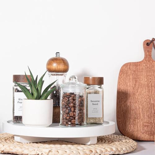 zoocatia Round Decorative Tray Wood Bathroom Counter Organizer Farmhouse Kitchen Decor Wooden Riser for Soap Dish, Perfume, Candle, Sponge, 10" - White - Image 3