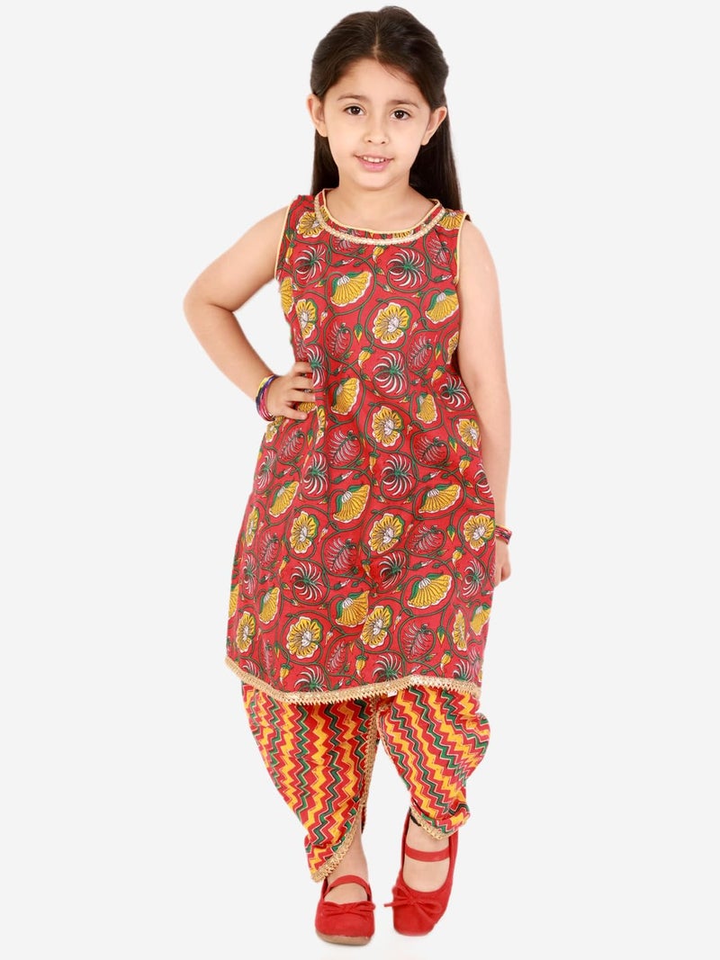 superminis Baby Girls Cotton Printed Sangakari Print A Line Style Sleeveless,Round Neck Kurti And Dhoti With Elastic Closure Ethnic Dress kurta set(Red,4-5 Years) - Image 2