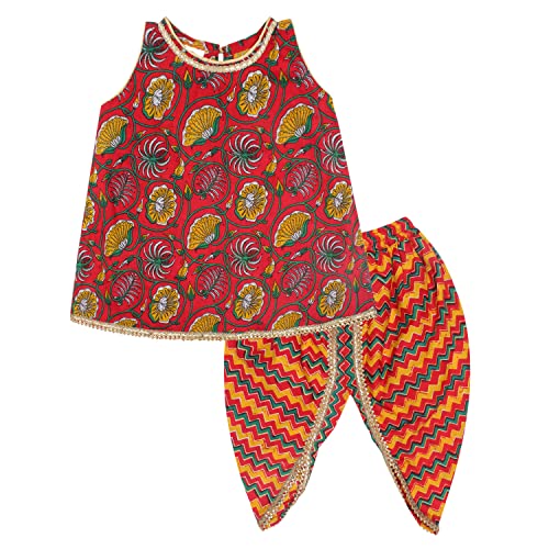 superminis Baby Girls Cotton Printed Sangakari Print A Line Style Sleeveless,Round Neck Kurti And Dhoti With Elastic Closure Ethnic Dress kurta set(Red,4-5 Years) - Image 1