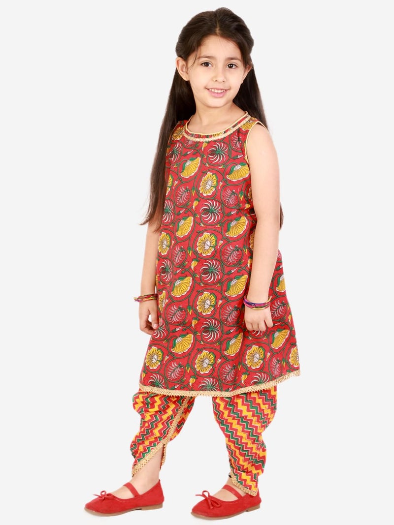 superminis Baby Girls Cotton Printed Sangakari Print A Line Style Sleeveless,Round Neck Kurti And Dhoti With Elastic Closure Ethnic Dress kurta set(Red,4-5 Years) - Image 4