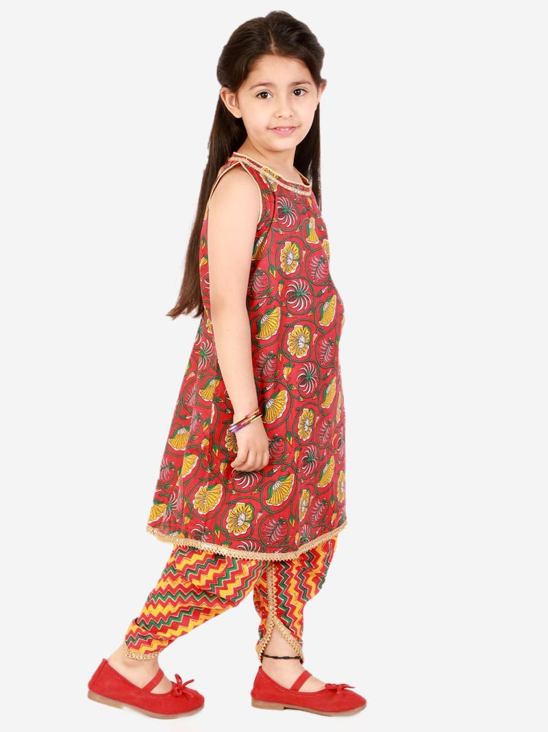 superminis Baby Girls Cotton Printed Sangakari Print A Line Style Sleeveless,Round Neck Kurti And Dhoti With Elastic Closure Ethnic Dress kurta set(Red,4-5 Years) - Image 5