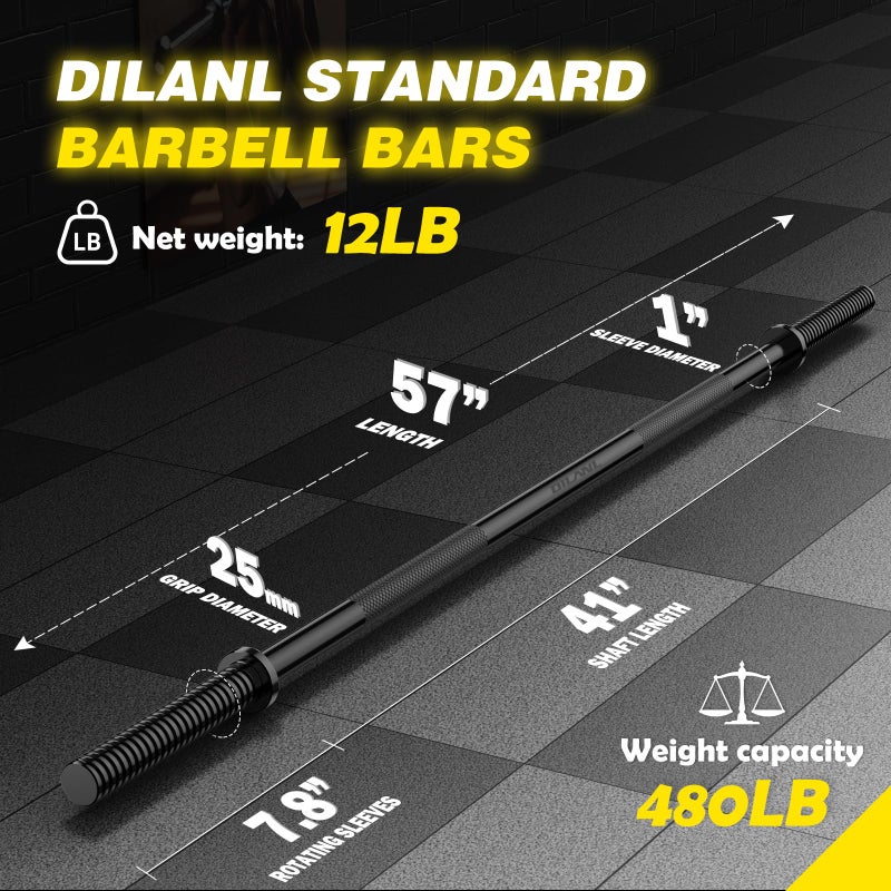 DILANL Weight Lifting Bar 57", 1" Standard Straight Barbell Bars Olympic for Home Gym Weight lifting/Strength Training/Squat/Bench Press/Deadlift/Lunges/Hip Thrusts, 2 Star Collars (480lb Weight Capacity) (Black) - Image 3