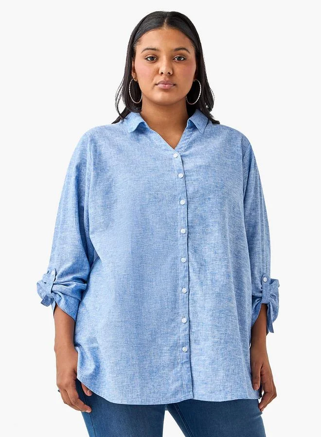 Ulla Popken Plus Size Ulla Popken Regular Fit Linen Blend Shirt with Long Sleeves