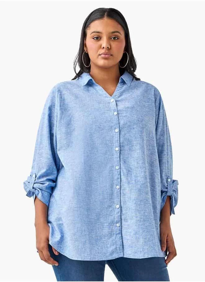 Ulla Popken Plus Size Ulla Popken Regular Fit Linen Blend Shirt with Long Sleeves