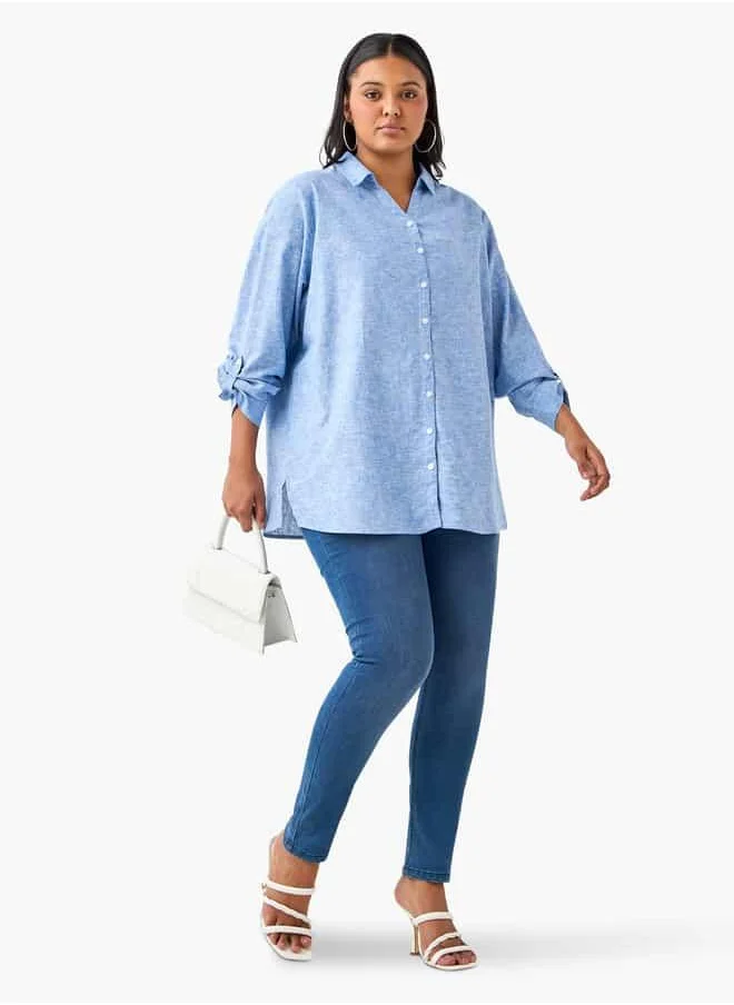  أولا بوبكن Plus Size Ulla Popken Regular Fit Linen Blend Shirt with Long Sleeves