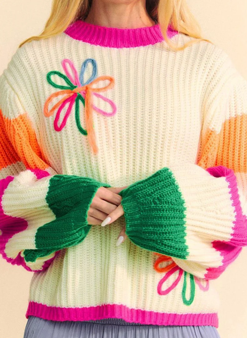 YUNIQEE Off White  Embroidered Round Neck Pullover Sweater