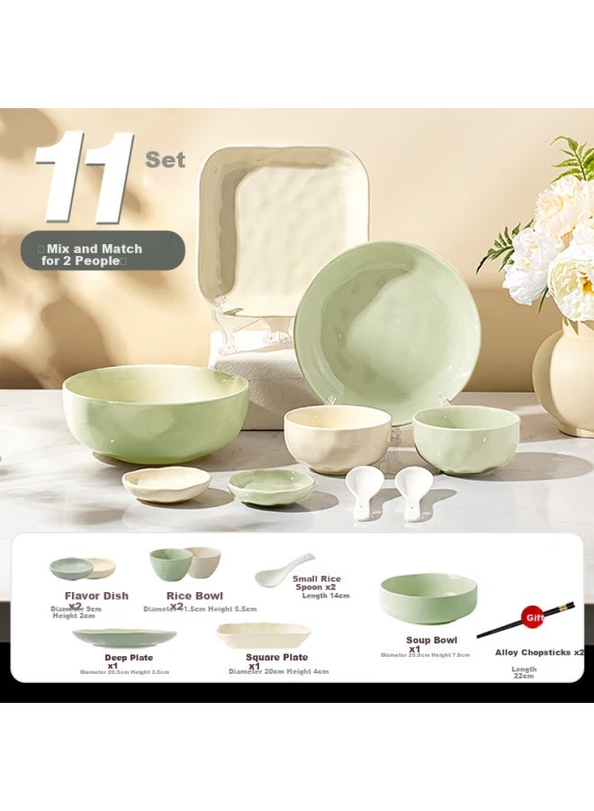 Treejack Ceramic Bowl And Plate Dinnerware Set, French-style Fresh Cream-colored Rice Soup Bowls, Plates, Chopsticks, And Soup Spoons, 11-piece Set - Image 1