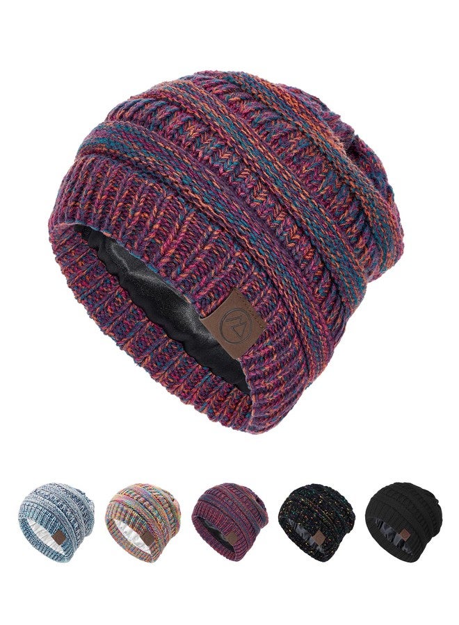 Durio Satin Lined Beanie for Women - Windproof Slouchy Winter Hat Silk Lining Soft Knit Warm Fashionable Knit Hat - Image 1