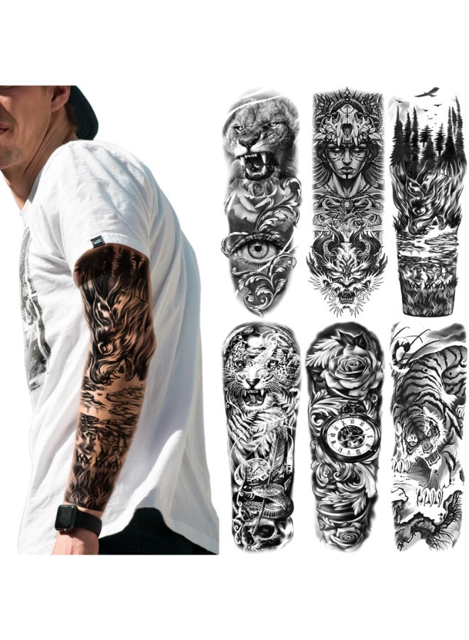 Briyhose Forest Temporary Tattoo Sleeves Full Arm Large Wolf Lion Animal Forest Tribal Fake Tattoos Sleeve For Men Women Adult Black Leopard Tiger Temp Tatoo Sticker Leg Body Art Makeup 6Sheet - Image 2