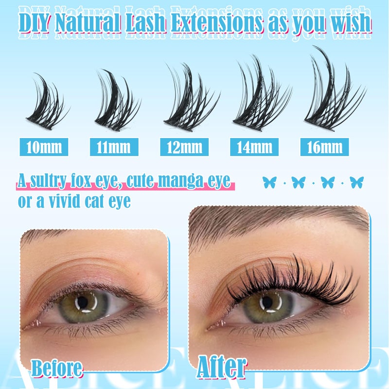 ALICE Natural Lash Clusters Kit Cluster Eyelash Extension Kit Left & Right Fluffy Wispy DIY Lash Extension Kit 144pcs 3D Anime C-Curly Eyelash Clusters Kit with Lash Glue Bond and Seal and Tweezers - Image 2
