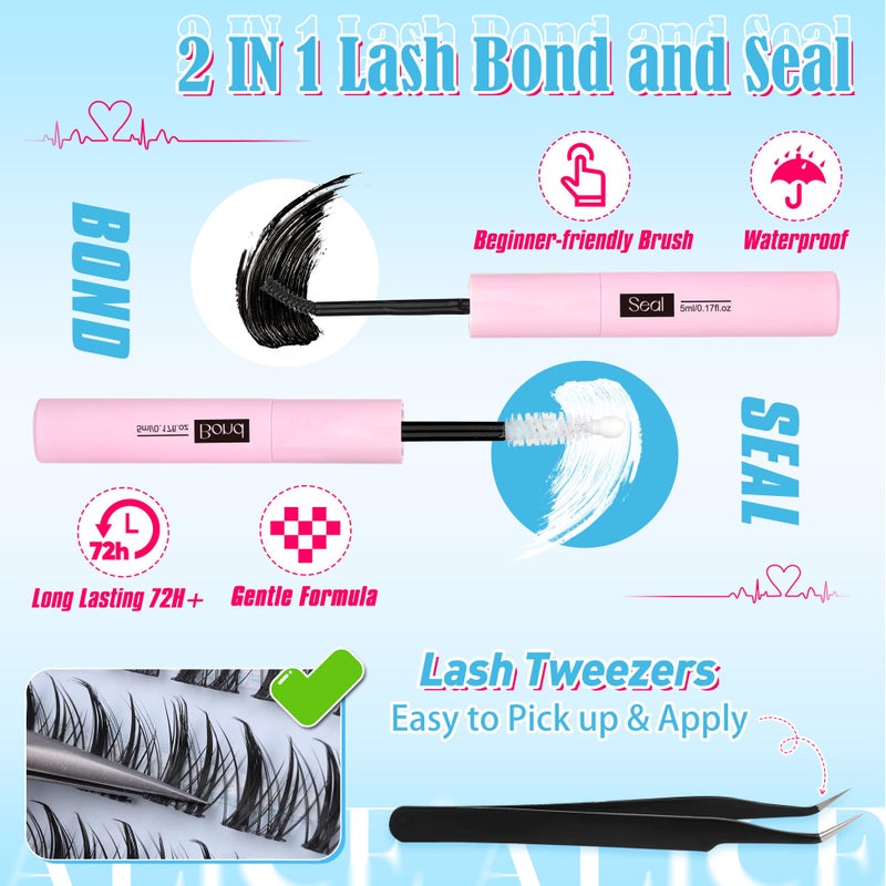 ALICE Natural Lash Clusters Kit Cluster Eyelash Extension Kit Left & Right Fluffy Wispy DIY Lash Extension Kit 144pcs 3D Anime C-Curly Eyelash Clusters Kit with Lash Glue Bond and Seal and Tweezers - Image 4