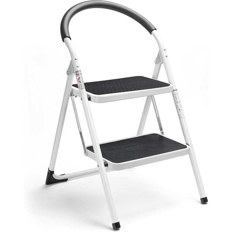 2-Step Folding Stool Indoor Use Steel Frame With Anti-Slip Wide Pedal And Handgrip Supports Up To 330 Lbs White And Black Combo - Image 1