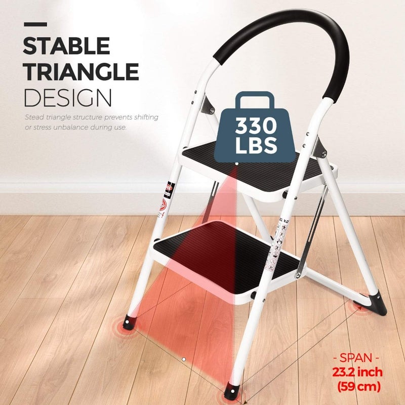 2-Step Folding Stool Indoor Use Steel Frame With Anti-Slip Wide Pedal And Handgrip Supports Up To 330 Lbs White And Black Combo - Image 2