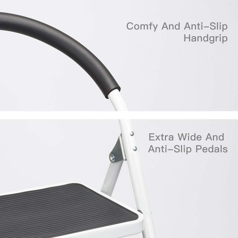 2-Step Folding Stool Indoor Use Steel Frame With Anti-Slip Wide Pedal And Handgrip Supports Up To 330 Lbs White And Black Combo - Image 5
