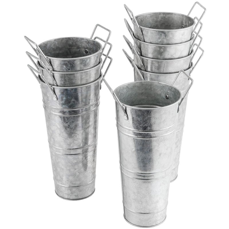 SEHOI 8 Pack 9 Inch Galvanized Metal Farmhouse Flower Vases Vintage Decorative French Flower Vase with Handles Galvanized Metal Planter Bucket for DIY Craft and Floral Projects