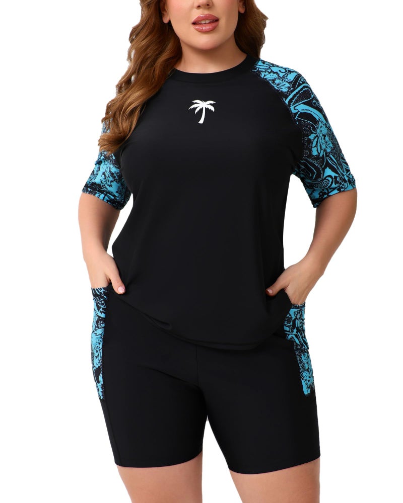 Halcurt Women Swim Suit Plus Size with Sleeves Swimsuit Tshirt Top and Built in Bra Rash Guard Long Shorts Paisley 3X - Image 1