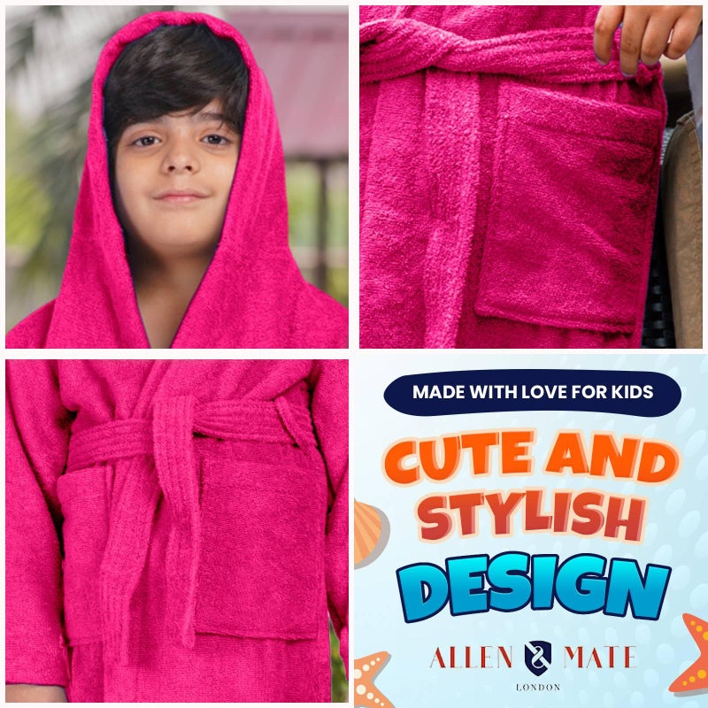 ALLEN & MATE 100% COTTON Hooded Kids Bathrobe â€“ 380 GSM, Safety Certified, Soft Lightweight & Absorbent Robe for Boys & Girls - Image 5