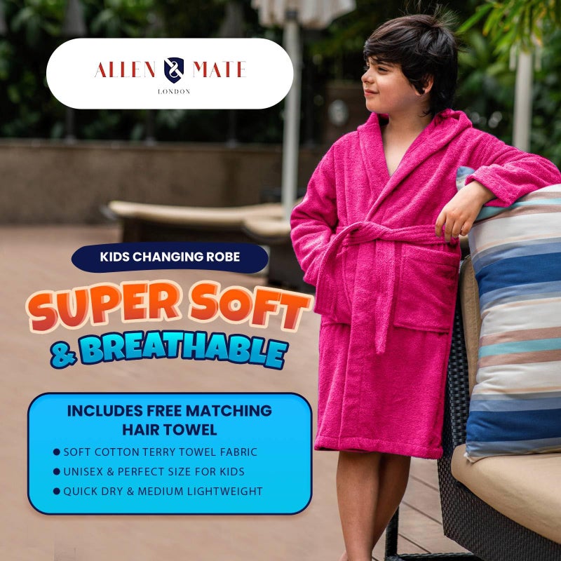 ALLEN & MATE 100% COTTON Hooded Kids Bathrobe â€“ 380 GSM, Safety Certified, Soft Lightweight & Absorbent Robe for Boys & Girls - Image 3