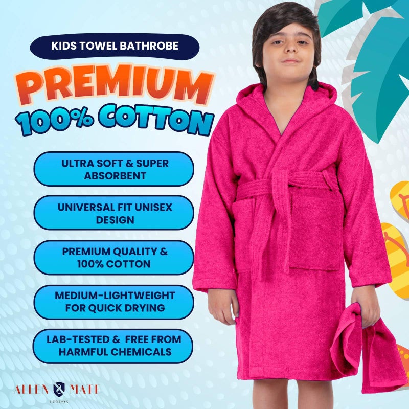 ALLEN & MATE 100% COTTON Hooded Kids Bathrobe â€“ 380 GSM, Safety Certified, Soft Lightweight & Absorbent Robe for Boys & Girls - Image 2