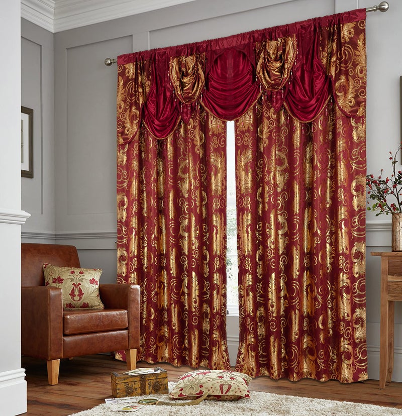 GLORY RUGS Jacquard Luxury Window 2 Panel Set Burgundy Gold Curtain with Attached Valance and Backing Bedroom Living Room Dining 2 Curtains 55x84 inches Each Jana - Image 3