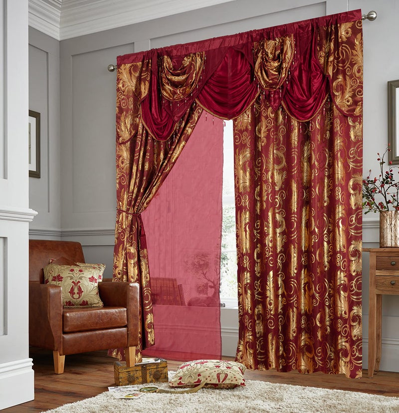 GLORY RUGS Jacquard Luxury Window 2 Panel Set Burgundy Gold Curtain with Attached Valance and Backing Bedroom Living Room Dining 2 Curtains 55x84 inches Each Jana - Image 4