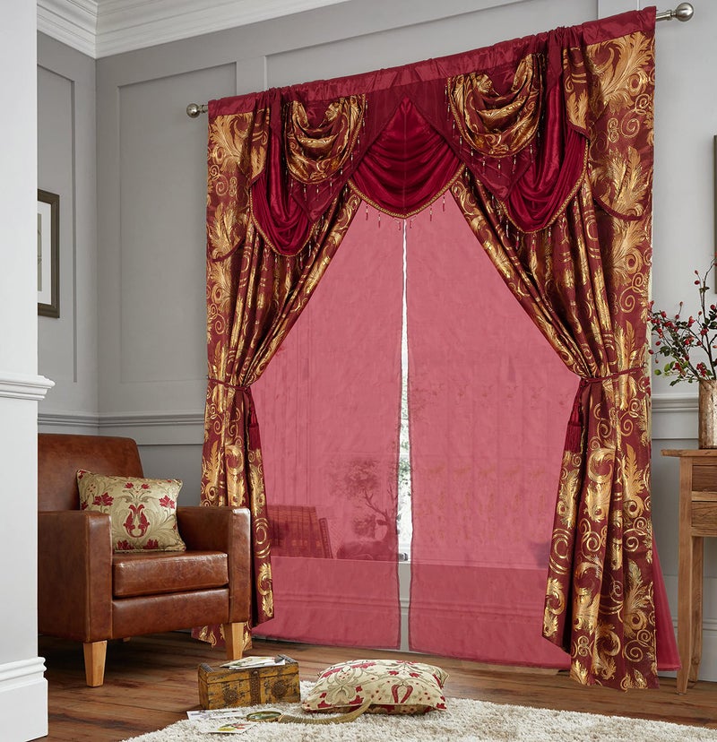 GLORY RUGS Jacquard Luxury Window 2 Panel Set Burgundy Gold Curtain with Attached Valance and Backing Bedroom Living Room Dining 2 Curtains 55x84 inches Each Jana - Image 2
