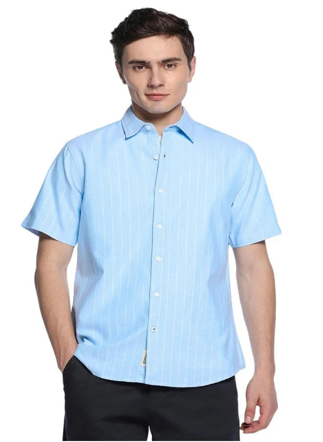 دينيس لينغو Blue Slim Fit Striped Shirt for Men - Cotton, Half Sleeves, Spread Collar, Casual