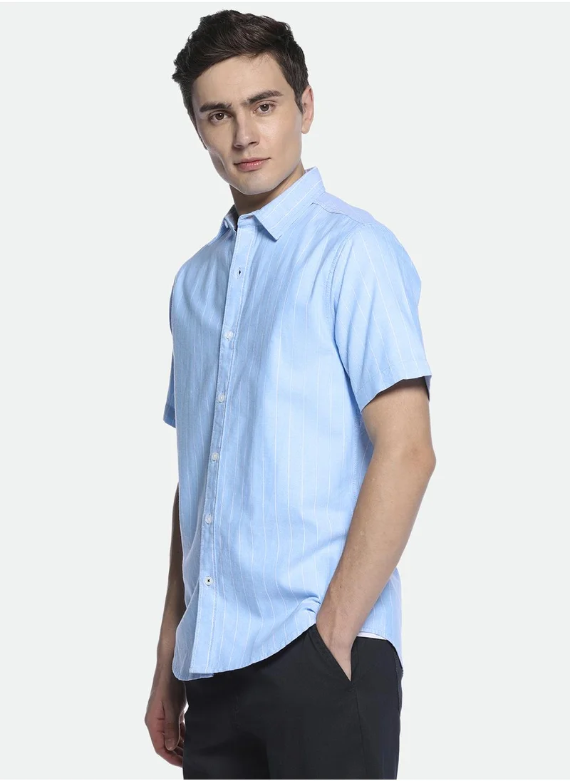 دينيس لينغو Blue Slim Fit Striped Shirt for Men - Cotton, Half Sleeves, Spread Collar, Casual