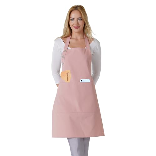 TOSHE Kitchen Apron Waterdrop Resistant Cotton Apron with adjustable Aprons for Women with Pockets 10 Color option Cooking Powder Pink Apron Powder Pink
