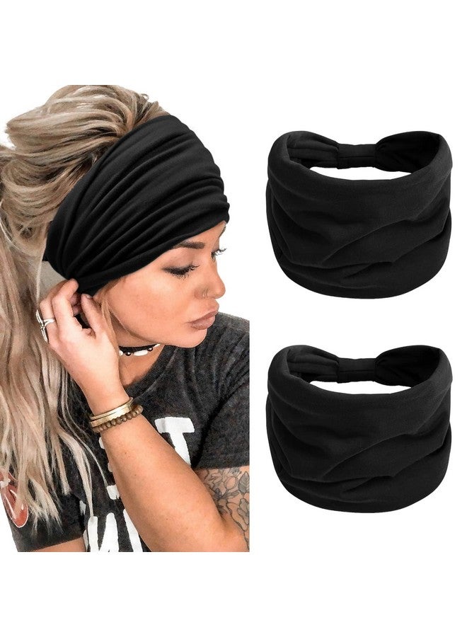 2 Packs Headbands For Women Boho Extra Wide 7’’ Black Head Bands African Knotted Non Slip Fashion Hair Band Stretch Yoga Workout Running Gym Hairbands Turban Bandana For Girls