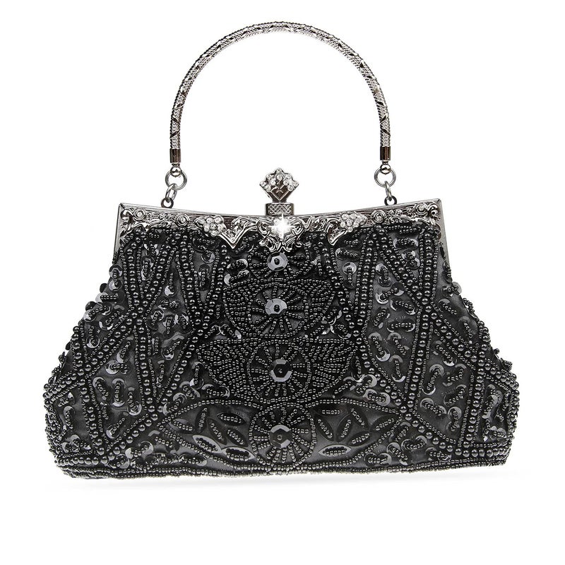 DA BODAN Womens Evening Bag Vintage Beaded Sequin Pearl Clutch Handbag Shoulder Bag Purses for Wedding Bridal Prom Party Black