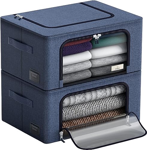 Sorbus Storage Bins with Metal Frame Stackable Foldable Clothes Organizer Bags Oxford Fabric Storage Containers with Large Clear Window Carry Handles Bedroom Organization for Bedding Linen - Image 1