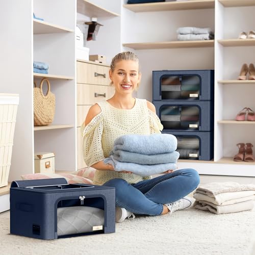 Sorbus Storage Bins with Metal Frame Stackable Foldable Clothes Organizer Bags Oxford Fabric Storage Containers with Large Clear Window Carry Handles Bedroom Organization for Bedding Linen - Image 3