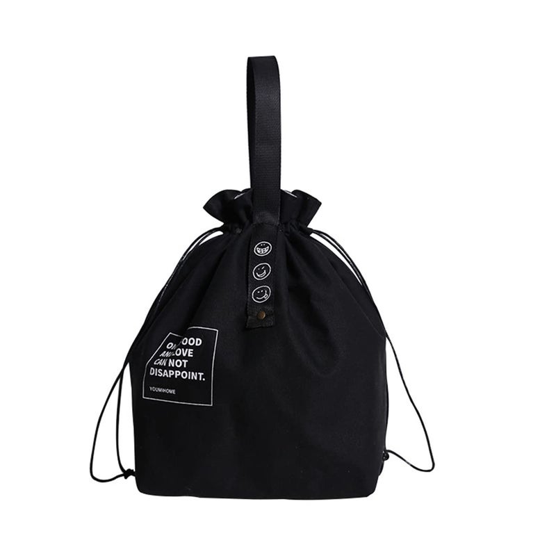Canvas Drawstring Lunch Bag Insulated Lunch Tote Japanese Style Bento Tote Bag Reusable Lunch Bag Insulated Handbag Tote bag with Handle and Drawstring Closure for Women Work Picnic or TravelBLACK