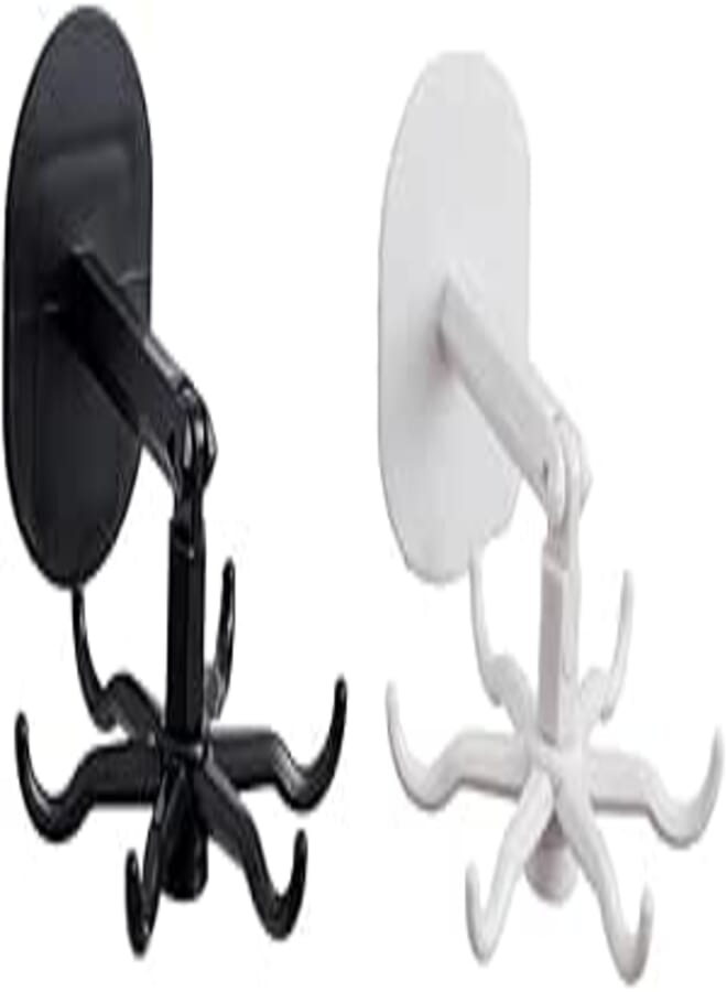2 Pack Kitchen Utensil Hanger,Self Adhesive Wall Mounted 360 Rotatable Folding Utility Hooks Wall Holder Racks with 6 Hooks for Kitchen,Bathroom,Cabinet and Office(Black+White)