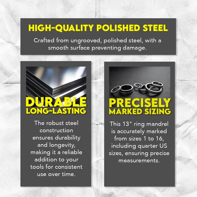 SE 13-Inch Polished Steel Ring Mandrel - Marked 1 to 16 US Sizes, Ungrooved, with Knurled Handle for Jewelry Making and Sizing - JT-SP2 - Image 2