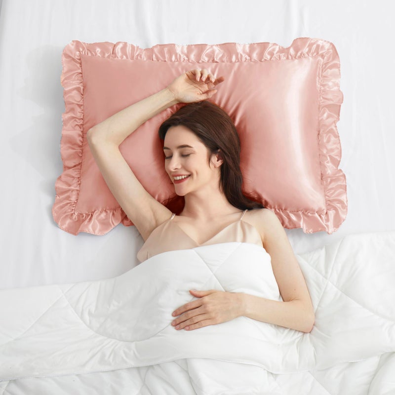 HommxJF HommxJF Silky Satin Ruffled Pillow Cases for Hair and Skin Rose Gold Silk Pillowcases Queen Set of 2 with Envelope Closure Princess Room Decoration  - Image 3