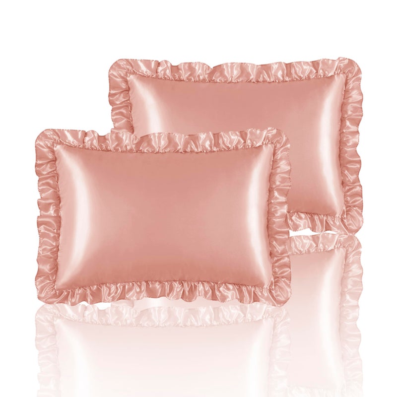 HommxJF HommxJF Silky Satin Ruffled Pillow Cases for Hair and Skin Rose Gold Silk Pillowcases Queen Set of 2 with Envelope Closure Princess Room Decoration  - Image 1