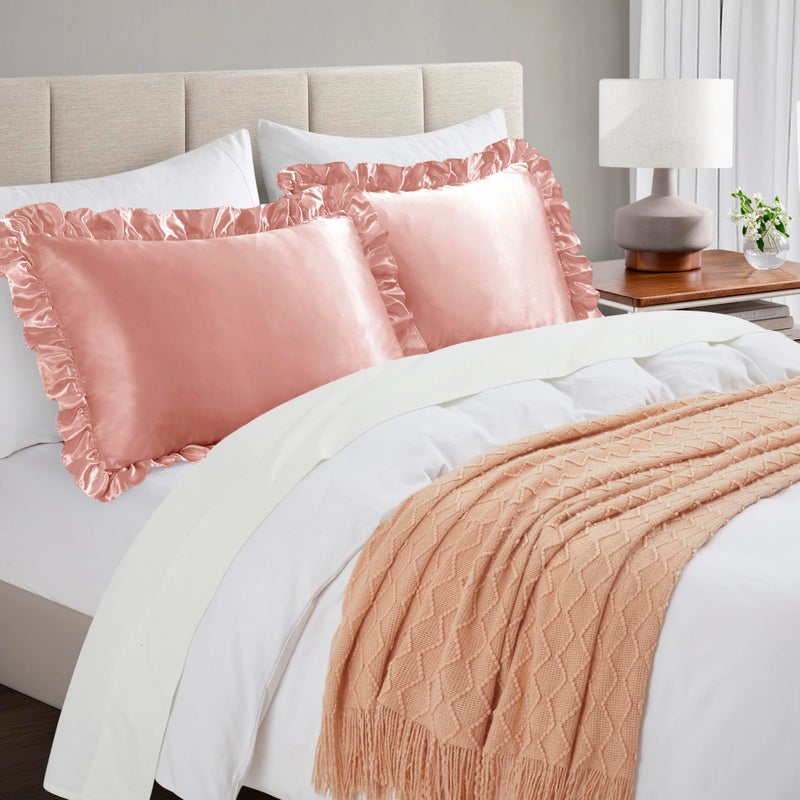 HommxJF HommxJF Silky Satin Ruffled Pillow Cases for Hair and Skin Rose Gold Silk Pillowcases Queen Set of 2 with Envelope Closure Princess Room Decoration  - Image 2