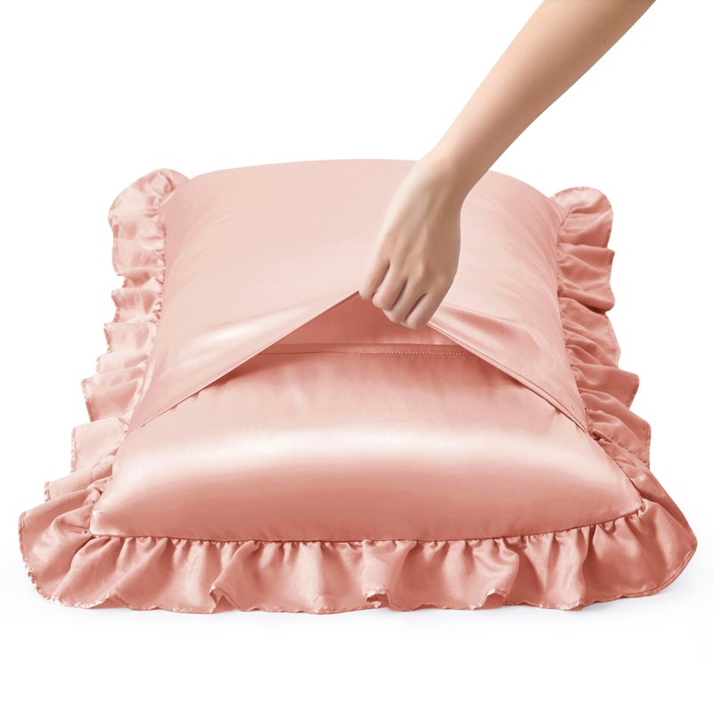 HommxJF HommxJF Silky Satin Ruffled Pillow Cases for Hair and Skin Rose Gold Silk Pillowcases Queen Set of 2 with Envelope Closure Princess Room Decoration  - Image 4
