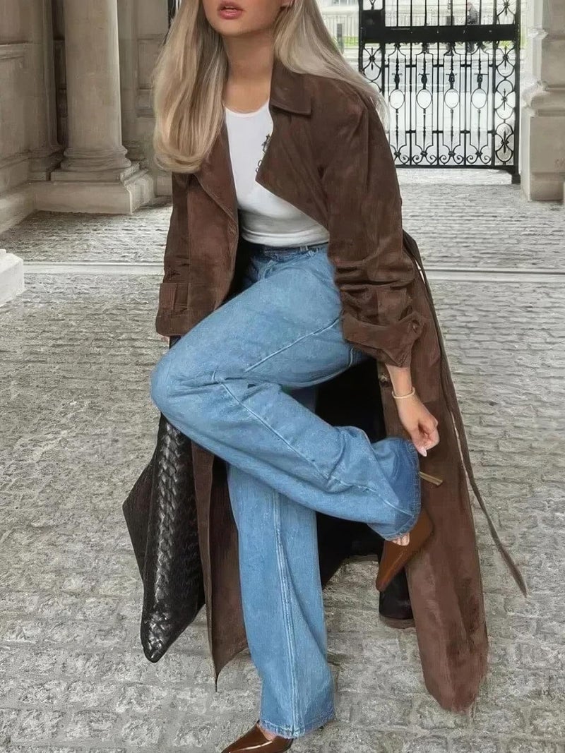 ebossy Women's Fashion Faux Suede Open Front Long Trench Coat Notched Lapel Double Breasted Maxi Overcoat with Belt (L, Dark Brown) - Image 4