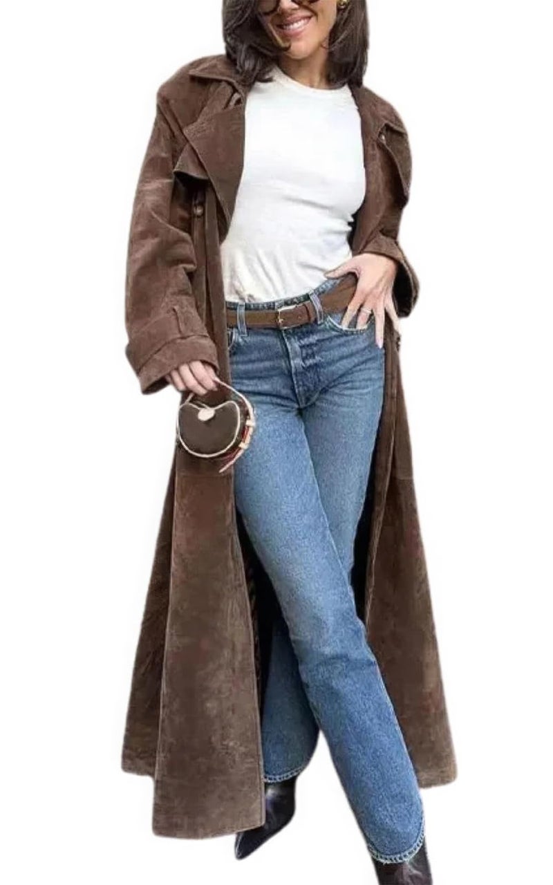 ebossy Women's Fashion Faux Suede Open Front Long Trench Coat Notched Lapel Double Breasted Maxi Overcoat with Belt (L, Dark Brown) - Image 1