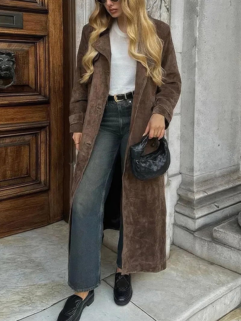ebossy Women's Fashion Faux Suede Open Front Long Trench Coat Notched Lapel Double Breasted Maxi Overcoat with Belt (L, Dark Brown) - Image 3